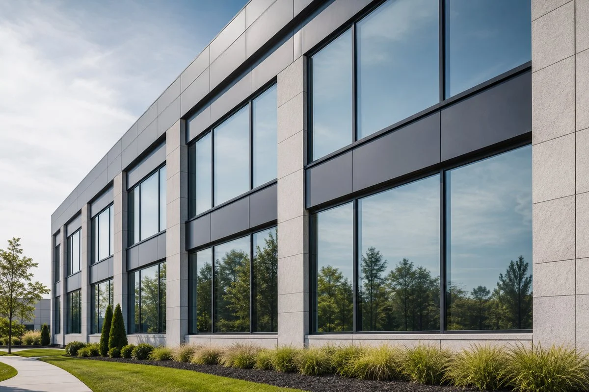 Commercial fixed glass window facade