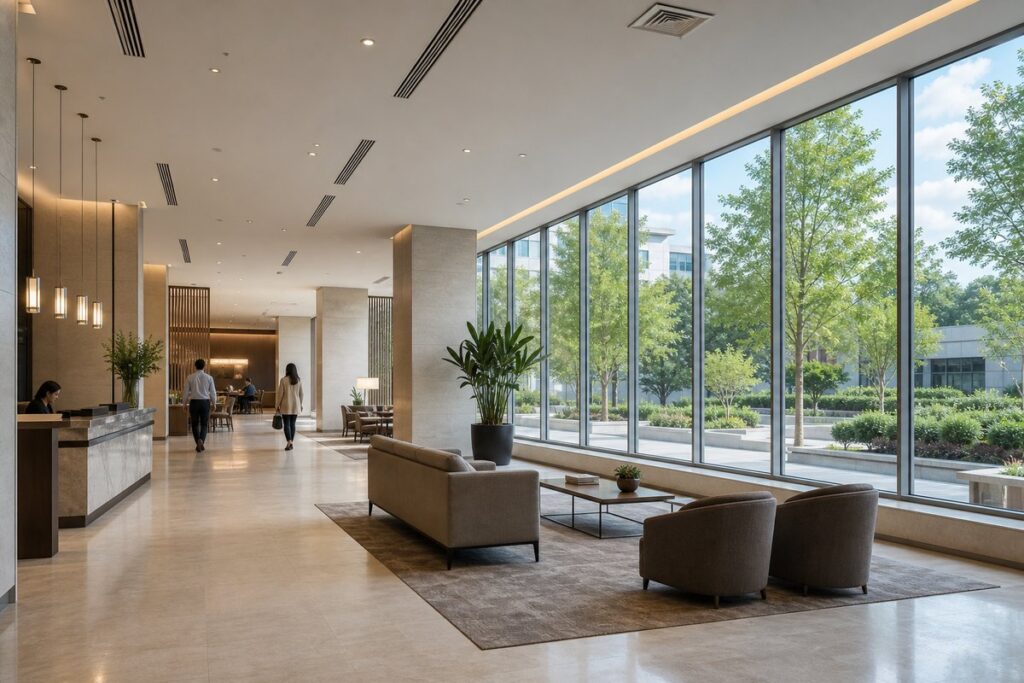 [02-scene-commercial-lobby-fixed-window.jpg](C:\\Users\\Admin\\Desktop\\敬城工装站点\\output\\imagegen\\fixed-glass-window\\02-scene-commercial-lobby-fixed-window.jpg)Fixed glass windows in a commercial lobby