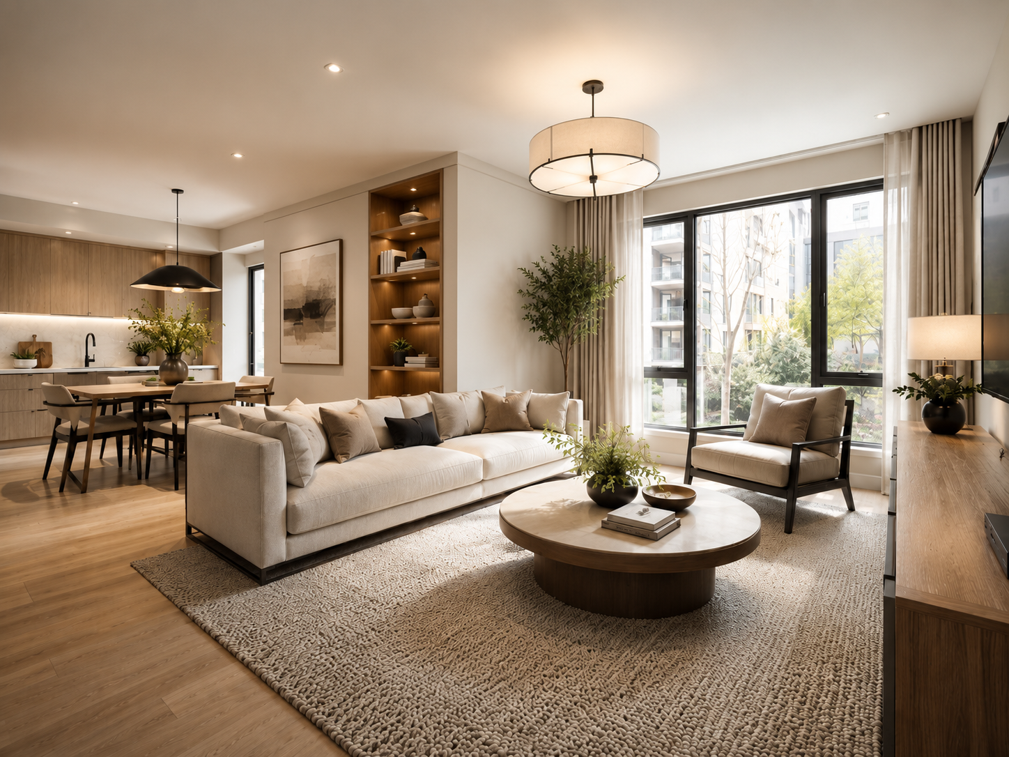 Apartment unit standards shown through a coordinated living room, dining area, kitchen, and finishes.