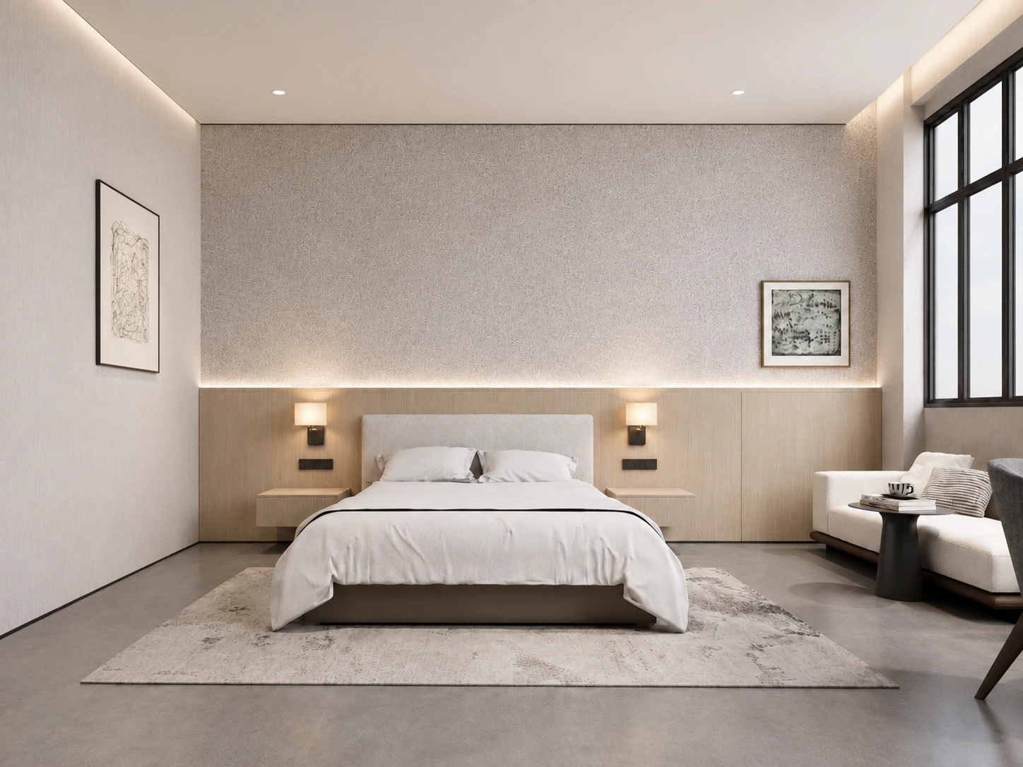 Apartment bedroom wardrobe, bed and soft furnishing package