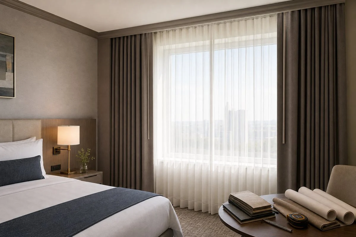 Hotel window treatments in a hotel guestroom