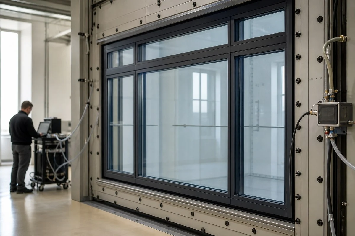 A window air leakage rating measures the volume of air that passes through a defined window assembly at a stated pressure difference. It does not, by itself, prove the performance of the installed perimeter or the whole building. For commercial work, the specification must tie the allowable leakage rate to a test method, pressure, reporting basis, window configuration, and review process. What Does a Window Air Leakage Rating Measure? The rating reports airflow through the tested assembly under a controlled pressure difference. It is meaningful only when the report identifies the specimen, test conditions, and reporting units. Assembly Leakage Paths The rating covers air moving through the tested window assembly, such as joints between the sash and frame, glazing interfaces, meeting rails, hardware penetrations, and other system joints included in the specimen. A laboratory rating does not automatically include leakage at the rough-opening perimeter, the air-barrier transition, or adjacent wall cavities. A window can meet its assembly requirement while the installed opening still leaks through an unsealed frame perimeter or a discontinuous wall interface. Test Pressure Conditions The stated static pressure difference is part of the rating. Airflow changes with pressure, so a result at one pressure cannot be treated as the same result at another pressure. The specification should state the required pressure and whether the result applies under positive pressure, negative pressure, or both when the project requires that distinction. The design professional should set the project condition from the building enclosure design, code requirements, and exposure. A supplier should not select the acceptance pressure from a catalog convention alone. Airflow Measurement and Reporting Basis The report must identify both the measured airflow and the basis used for acceptance. Commercial specifications often use an area-normalized rate, such as cfm/ft² or L/s/m², but the contract must state the required basis rather than leaving the reviewer to convert a number from another report format. Compare reports only when the window type, specimen size, configuration, pressure, and reporting basis are comparable. A lower-looking number can be misleading when one report covers a fixed unit and the other covers an operable or composite assembly. How Should Commercial Specifications Set the Requirement? A commercial specification should state a measurable maximum and define the exact window system that must meet it. A phrase such as "low air leakage" is not an acceptance criterion. Maximum Leakage Rates Set the maximum rate beside the named test standard, test pressure, units, and acceptance basis. State whether the value applies to each individual window, a composite assembly, or a larger tested system. There is no universal maximum leakage rate that suits every commercial project. The appropriate requirement depends on the adopted code, enclosure design, product type, project exposure, and contract scope. Do not copy a value from a different building, window class, or test method without confirming that those conditions match. Window Configuration Requirements A qualifying test report must represent the proposed system closely enough to support the required configuration. Identify the system or profile series, frame material, fixed and operable lites, panel sizes, glazing makeup, mullions, hardware, reinforcement, and any coupled units that affect the tested assembly. Within a commercial doors and windows scope, keep each window mark tied to its specific configuration. A report for a smaller fixed window does not automatically cover a larger operable unit or a combined window wall. The responsible design professional should review any test-coverage statement, engineering analysis, or permitted extrapolation before approval. Project Exposure and Review Responsibility The architect, enclosure consultant, engineer, or other qualified project professional should assign the performance criteria and review responsibility before procurement. That assignment should identify who sets pressure conditions, reviews deviations, selects field-test locations, accepts corrective work, and decides whether a failed test points to the window, the perimeter interface, or adjacent construction. If OKBuild is reviewing a window package, the current drawings, window schedule, required test methods, acceptance limits, and project location should be provided together. This information lets the quotation and submittal process stay tied to the approved project requirement rather than a generic product description. Which Tests Prove Window Air Leakage Compliance? Laboratory and field tests answer different questions. Use the laboratory report to evaluate the tested assembly and the field test to assess selected installed units. Neither result substitutes for the other unless the contract clearly says it does. Test What it evaluates What it does not establish by itself ASTM E283/E283M Air leakage through a laboratory specimen under specified pressure differences Installed perimeter performance or whole-building airtightness ASTM E783 Air leakage through a selected installed exterior window or door under specified static pressure differences A universal result for all openings or the entire air-barrier system ASTM E331 or ASTM E1105, when specified Water penetration resistance under the stated laboratory or field conditions Compliance with the air leakage requirement ASTM E283/E283M Laboratory Testing ASTM E283/E283M is a laboratory method for determining air leakage through exterior windows, skylights, curtain walls, and doors at specified pressure differences. The report supports the performance of the tested specimen, not the installed opening unless the project separately evaluates that condition. Review the specimen as carefully as the reported number. Confirm the report holder, system name, specimen dimensions, configuration, glazing, hardware, test pressure, test date, laboratory, result, and stated limitations. A generic certificate or a report for another series does not prove the proposed assembly meets the project requirement. For a fixed opening, the companion guide to specifying a commercial fixed glass window helps define the frame, glazing, drainage, anchors, and wall interface that the air leakage submittal must match. ASTM E783 Field Testing ASTM E783 is a field method for measuring air leakage through installed exterior windows and doors under specified static pressure differences. The field test can reveal issues introduced by assembly condition, installation quality, test setup, or the condition of the tested unit. The team should document how the test isolates the window assembly from extraneous leakage. ASTM E783 is intended to measure leakage associated with the assembly, not unintended paths through adjacent construction. If the project wants to investigate the perimeter or wall cavity, the test plan must state that scope and the method for identifying those paths. Air Leakage and Water Penetration Testing Air leakage compliance and water penetration resistance are separate requirements. Passing an air test does not demonstrate water performance, and passing a water test does not demonstrate the air leakage rate. When water testing is required, the specification should name the method, pressure condition, water application, specimen type, and acceptance criteria. ASTM E331 is commonly specified for laboratory water penetration testing, while ASTM E1105 is commonly specified for field water penetration testing. The test plan should also state whether the project will inspect drainage, perimeter flashing, and air-barrier transitions outside the window assembly. What Should the Air Leakage Submittal Include? An air leakage submittal must let the reviewer trace one proposed window mark from the drawings to the test evidence and, when required, to the installed-test record. A loose report without that chain does not show compliance. Tested System and Scope The schedule, shop drawings, and evidence should identify the same proposed system. The record should connect the following project information without relying on a generic product name: window mark, location, quantity, and opening type system or profile series, frame material, and finish fixed and operable lites, panel sizes, mullions, and coupled units glazing makeup, hardware, gaskets, reinforcement, and accessories that affect the assembly required air leakage rate, pressure, test method, units, and acceptance basis deviations, substitutions, exclusions, and the reviewer responsible for disposition When the window schedule shares approval records with adjacent commercial project product categories, retain the window mark and technical evidence as distinct controlled items. A shared BOQ should not obscure which performance documents apply to the windows. Laboratory Reports and Supporting Evidence Submit the complete laboratory report or the contractually required report extracts. A summary page alone does not give the reviewer enough detail to compare the tested specimen with the proposed window and identify limits on the result. Supporting evidence may include a manufacturer statement that maps the test specimen to the proposed system, product data, drawings, calculations, and an explanation of any variation. A statement of coverage is useful only when it identifies its technical basis and is reviewed by the party assigned that responsibility. Shop Drawings and Installation Interfaces Shop drawings must show the conditions that can affect installed air leakage. Coordinate the head, jamb, sill, mullion, frame extensions, anchors, shims, perimeter seals, air-barrier transition, flashing, drainage path, and adjacent substrates. The drawing should also state the limits of the window supplier's work and the work of adjacent trades. This division prevents a field failure from being treated as a window defect before the team has checked the rough opening, sealant joint, air-barrier continuity, and wall cavity. Field-Test Plans and Closeout Records Set field-test locations early enough to correct repeatable work before the same detail is installed across the project. Select openings that represent the project risk, including relevant window configurations, exposure zones, installation crews, wall interfaces, and construction stages. For hotel work that packages windows with other interior materials, use the same controlled identifiers used when sourcing hotel building materials from China. The test plan, report, corrective-action record, retest result, and closeout log should all refer to the same window mark and drawing revision. The closeout record should preserve the test date, location, configuration, pressure, measured result, test setup, observations, corrective action, retest result, and final disposition. Record any limitation that affects how broadly the result can be applied. Frequently Asked Questions Can an NFRC Air Leakage Label Replace a Project-Specific Submittal? No. An NFRC label or commercial label certificate can support a rating, but it does not prove the specified window, its configuration, interfaces, or installation. The submittal must still identify the exact system, applicable rating, drawings, and required laboratory or field evidence. How Should a Commercial Team Select Windows for Field Testing? Select high-risk, representative openings, including complex operable units, large openings, exposed elevations, wall transitions, and early work by the crew that will repeat the detail. Record why the locations were selected. The contract should set the sample size, failure response, and triggers for additional testing. Can Field Air Leakage Tests Be Completed After Interior Finishes Are Installed? Yes, if the team plans test access, protection, corrective work, and retesting before finishes are installed. These activities can affect completed surfaces. Where a window is near finished millwork, the plan should identify the affected cabinet materials and surface finishes. Early testing makes corrective work easier, but it does not remove a required field test. Does a Failed Field Test Require Window Replacement? No. Establish the failure source first. Check the test setup, window condition, seals, drainage, frame-to-wall interface, perimeter sealing, and adjacent construction. Correct the verified cause and retest when required. Replace the window only if the evidence shows that the installed unit cannot meet the requirement. Does a Window Air Leakage Rating Establish Whole-Building Airtightness? No. The rating applies only to the tested window assembly or selected installed unit. Whole-building airtightness also depends on walls, roofs, foundations, joints, penetrations, doors, and window interfaces. Specify a separate whole-building test and acceptance plan when the project requires it.