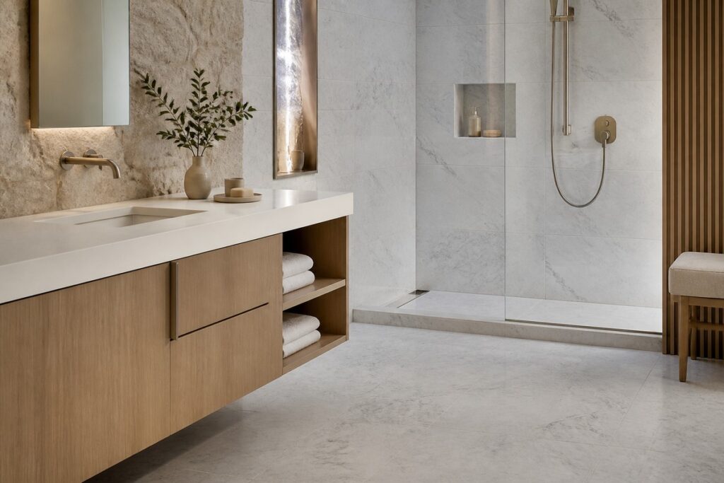 Honed marble hotel bathroom and wet area