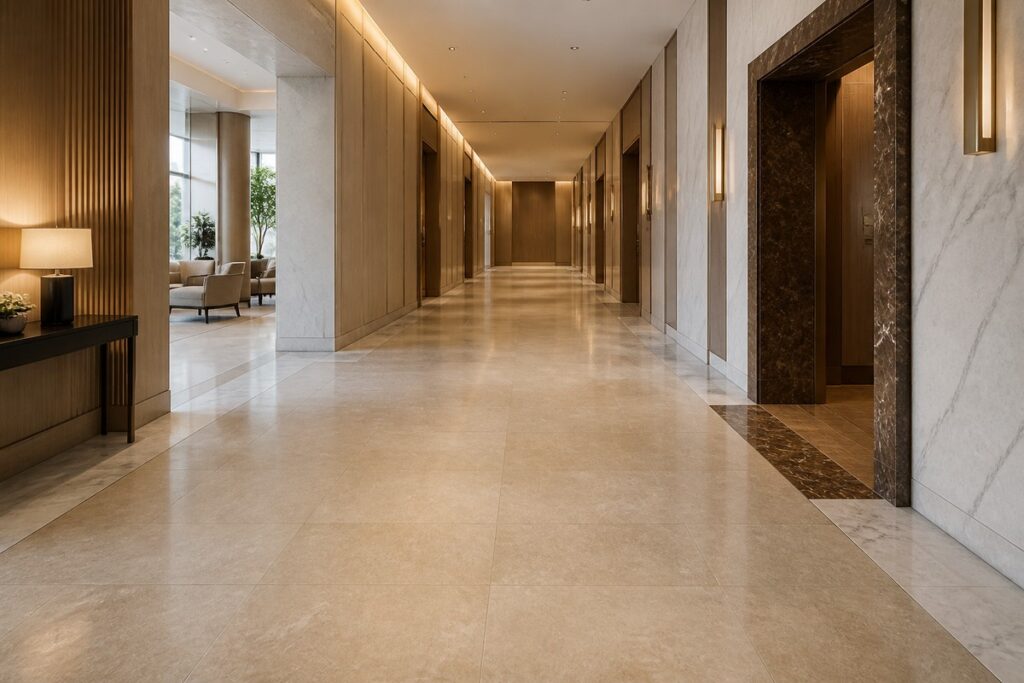 Honed marble flooring in hotel corridor