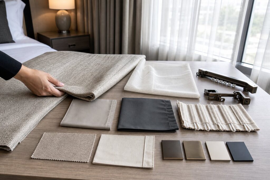 Hotel curtain fabric and hardware samples