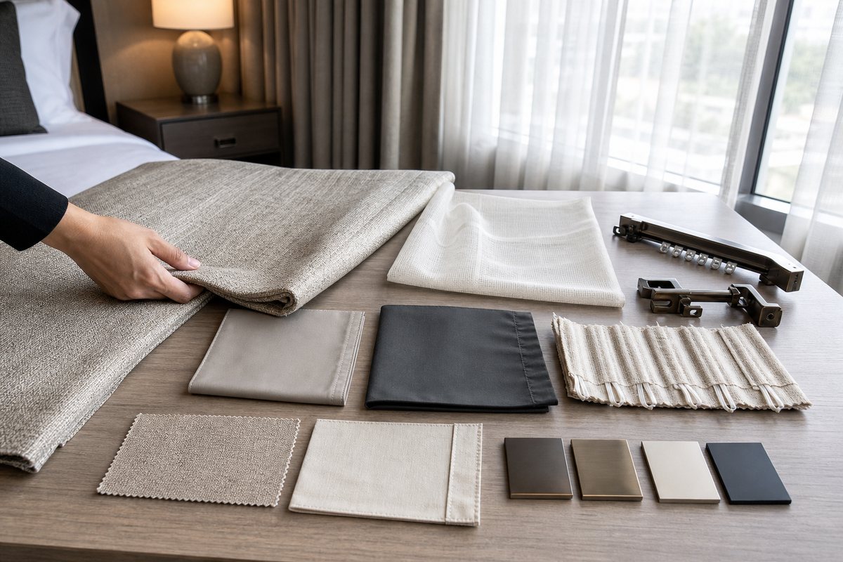 Hotel curtain fabric and hardware samples