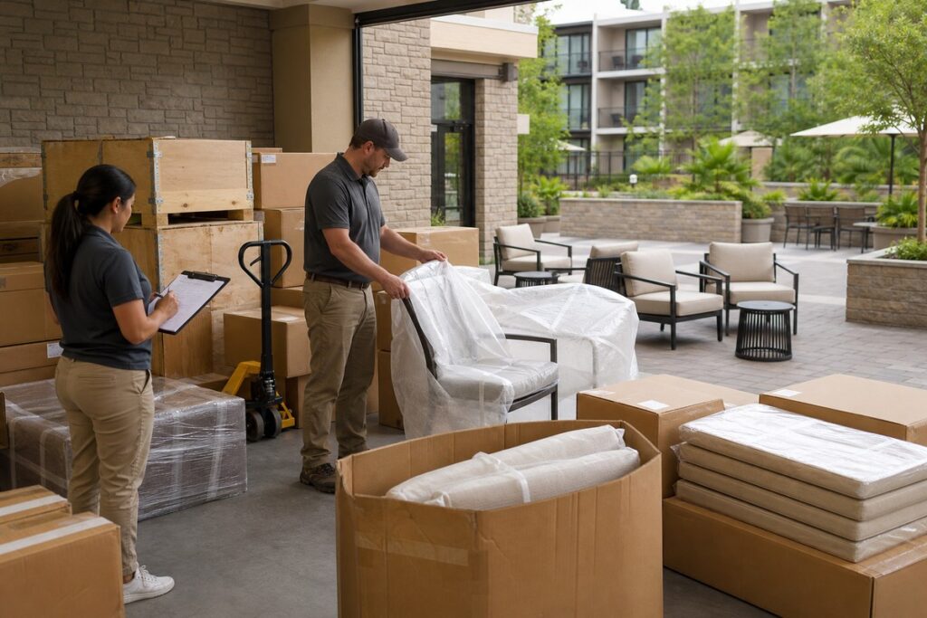 Hotel patio furniture packing and receiving