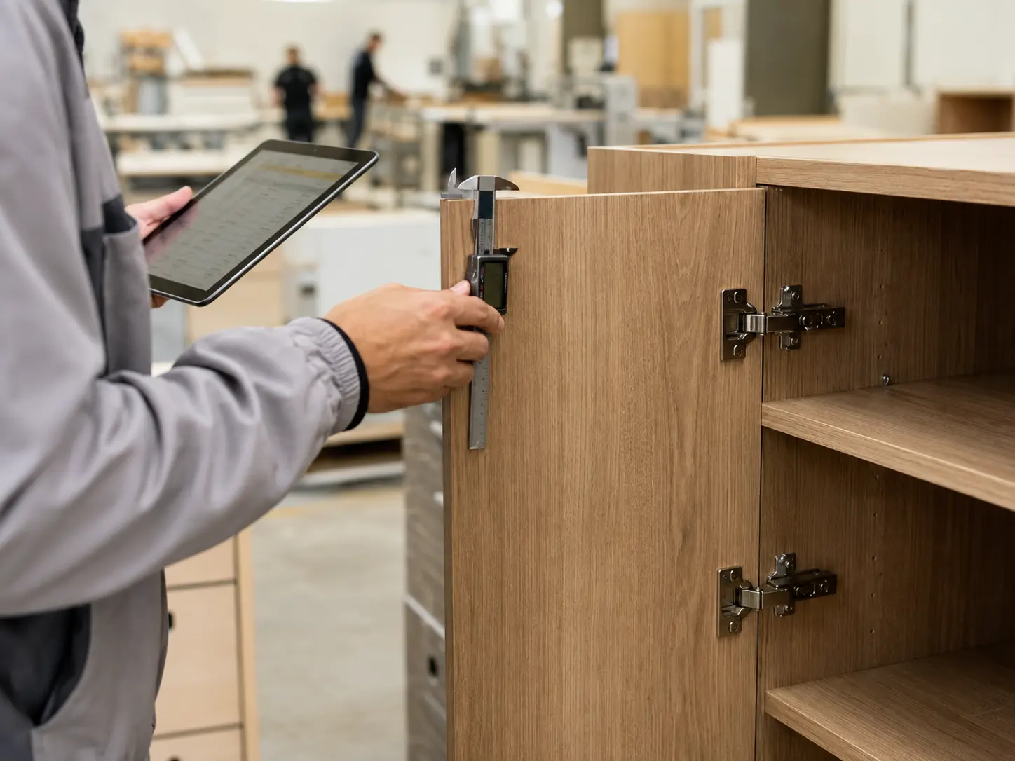 OKBuild quality inspector measuring a finished apartment cabinet door before packing and multi-unit project delivery