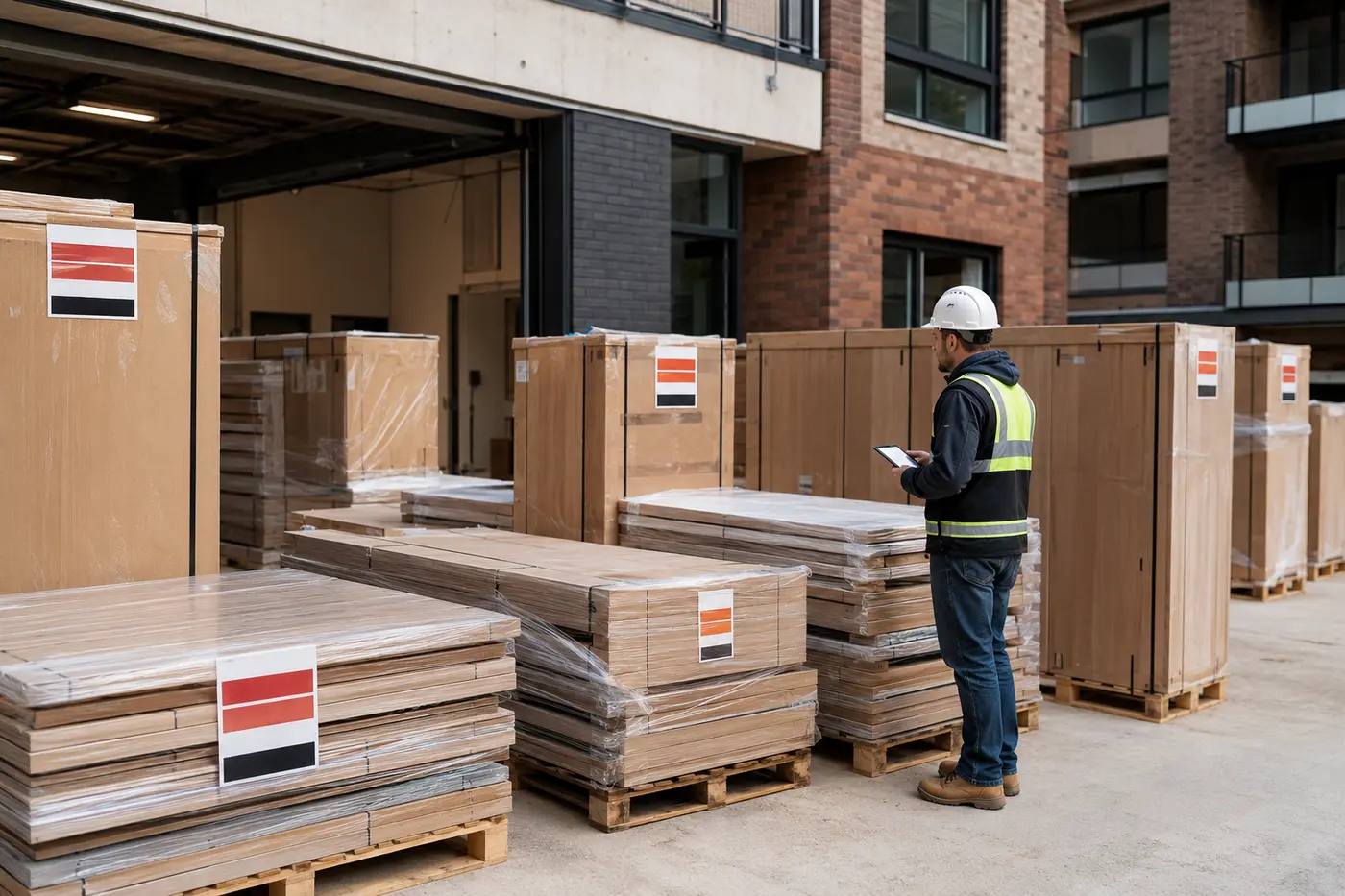 Apartment cabinets and doors packed by tower floor and unit for phased site delivery