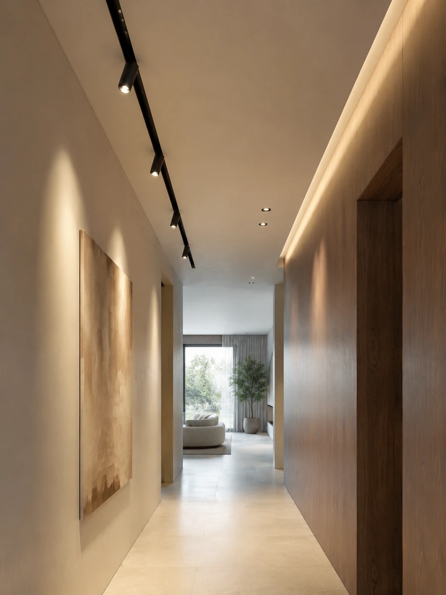 Architectural lighting with recessed spotlights and a linear track in a neutral hallway.