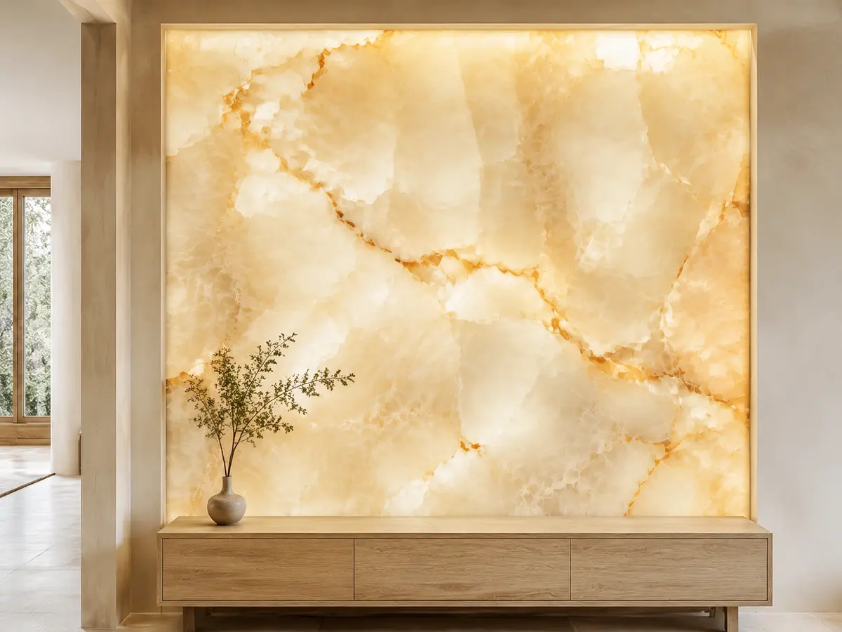 Backlit onyx feature wall with translucent ivory areas and warm amber mineral bands.