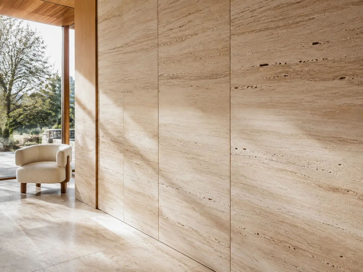 Beige travertine wall panels with linear patterns, natural pores, and matching stone flooring.