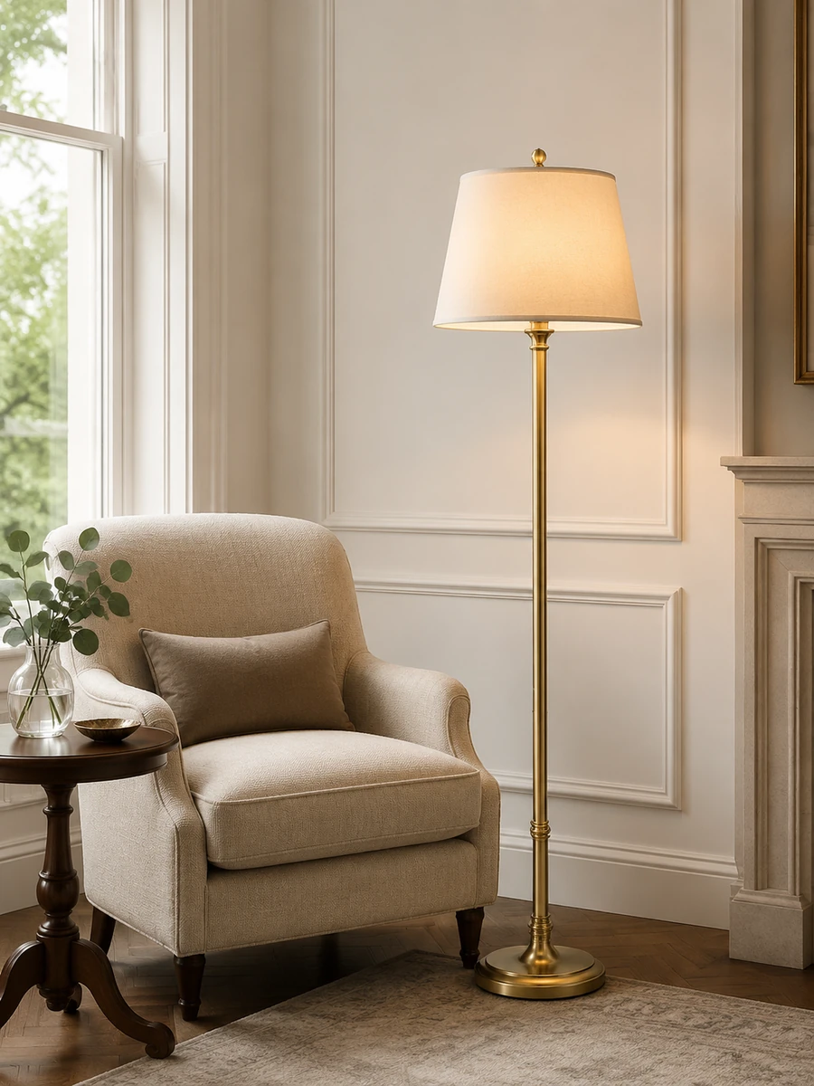 Brass floor lamp with a fabric shade beside an upholstered reading chair.