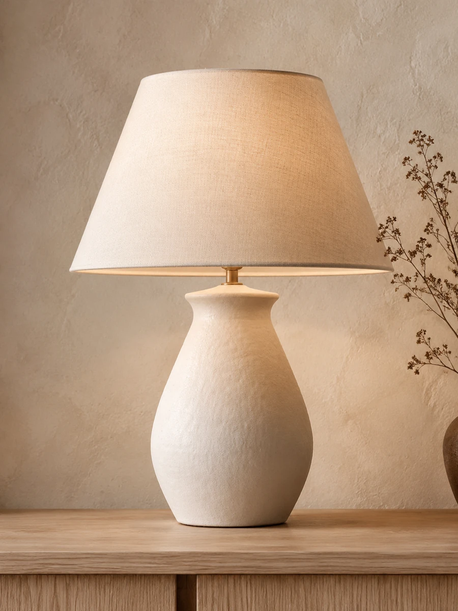 Ceramic table lamp with a linen shade on a wooden console.