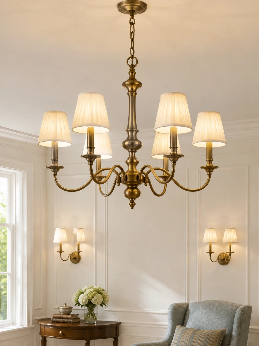 Classic lighting with a brass chandelier, pleated fabric shades, and matching wall sconces.