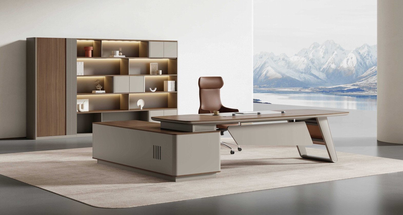 Modern executive office with desk, storage cabinets, and ergonomic office chair