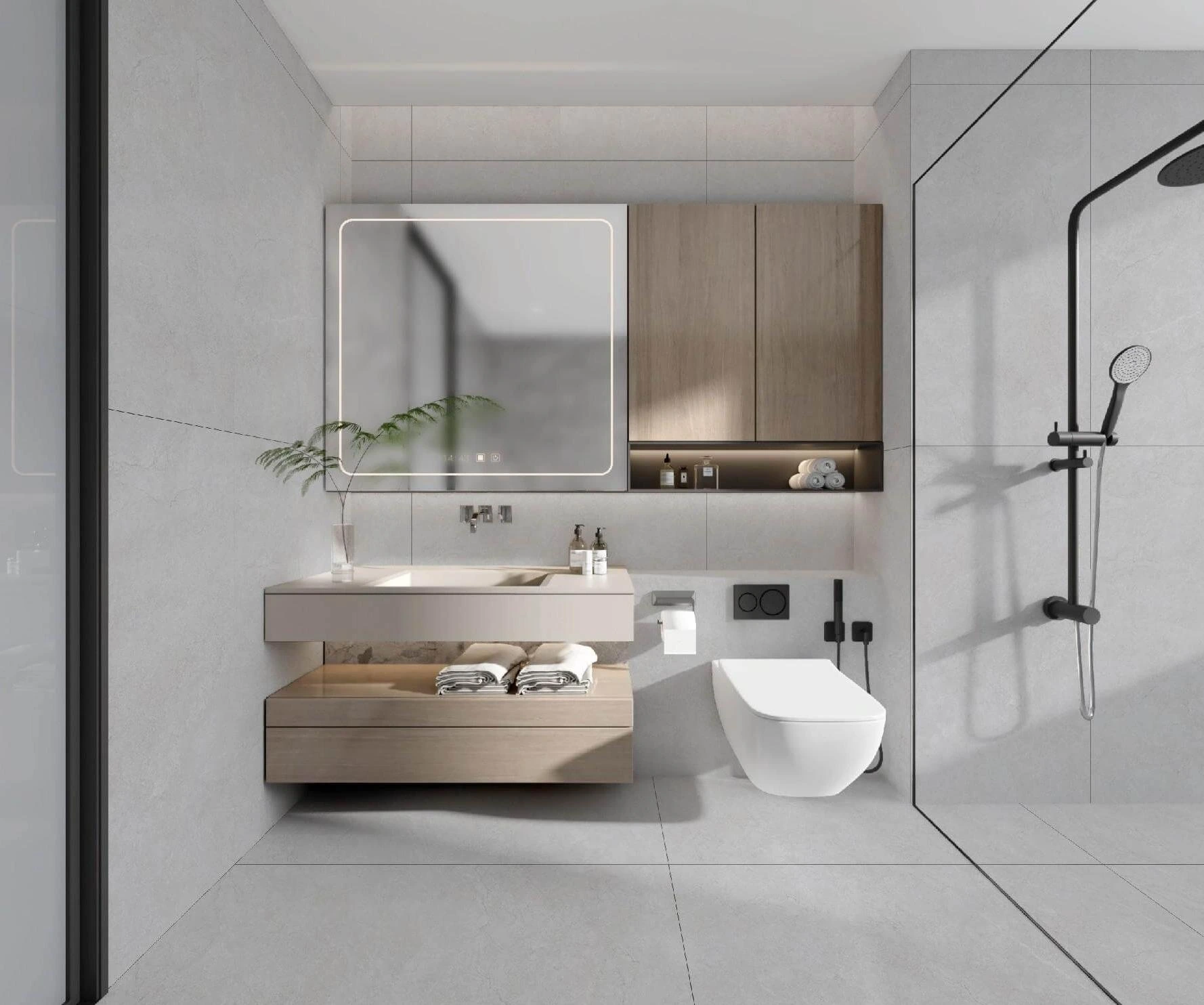 Minimalist bathroom featuring a dark tiled countertop and modern vanity area