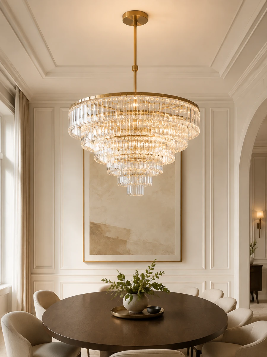 Tiered crystal chandelier above a dark wood dining table in a bright room.