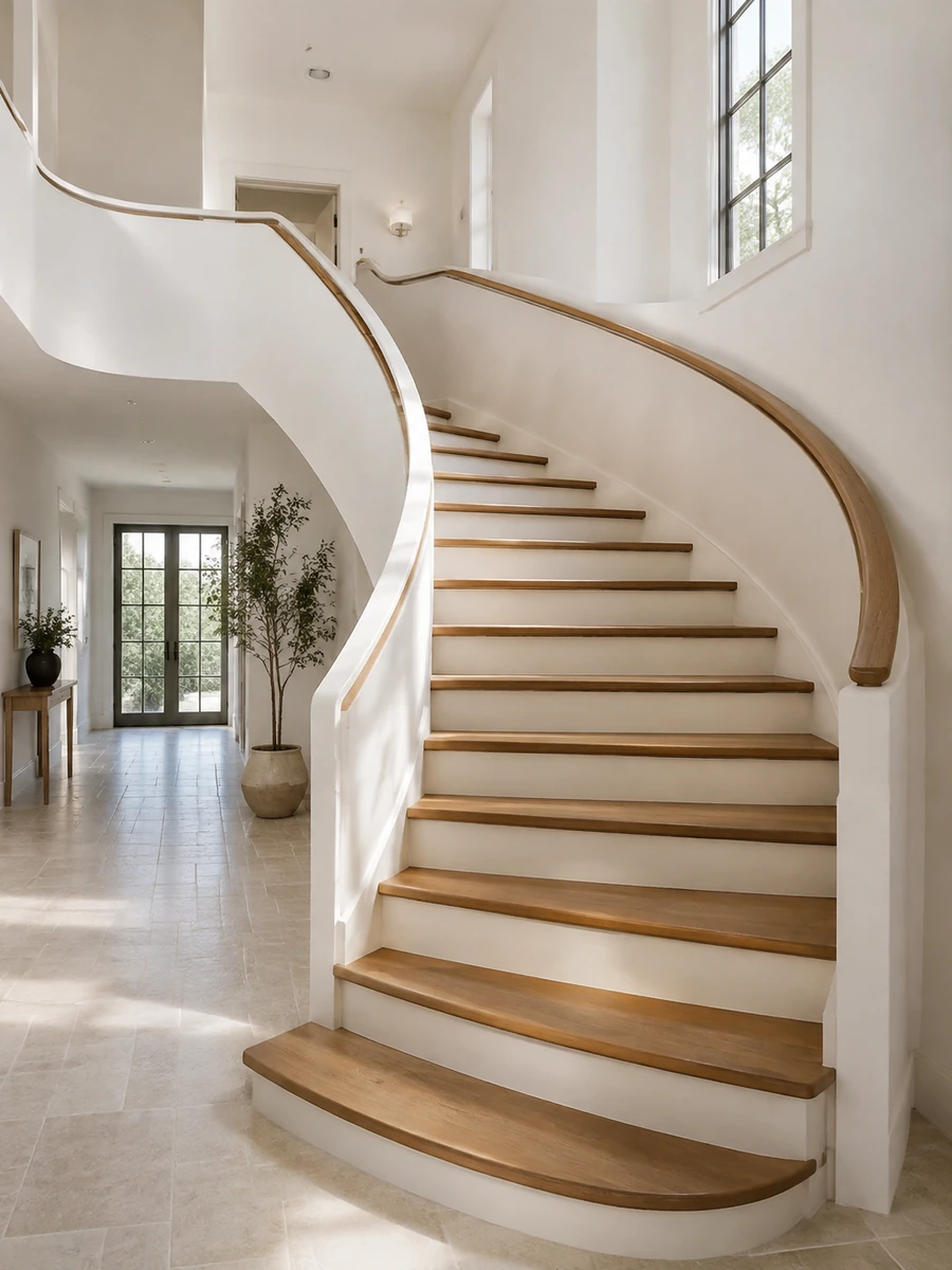 Curved staircase concept with warm wood treads and a smooth pale sidewall.