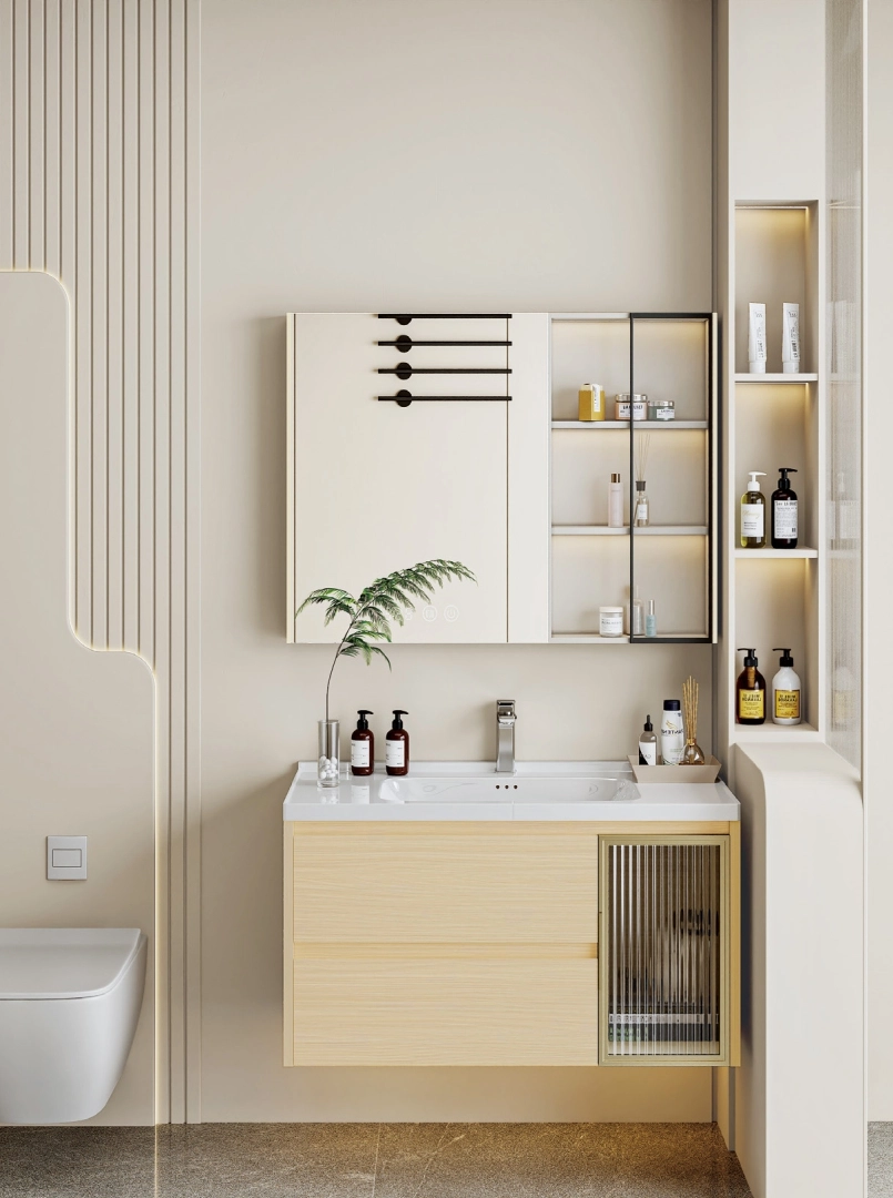 Floating wood bathroom vanity with mirror cabinet and storage