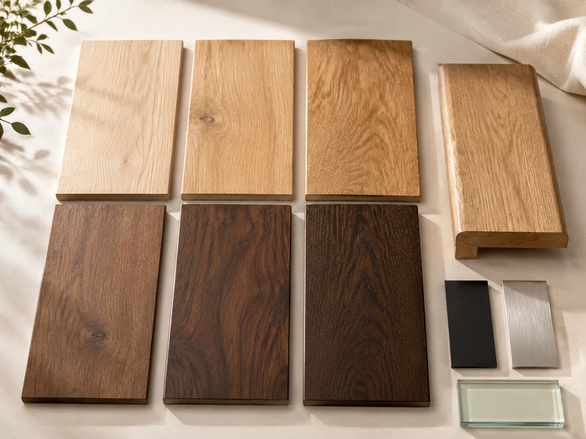 Custom flooring and staircase concept samples with wood tones, glass, metal, and stair nosing.