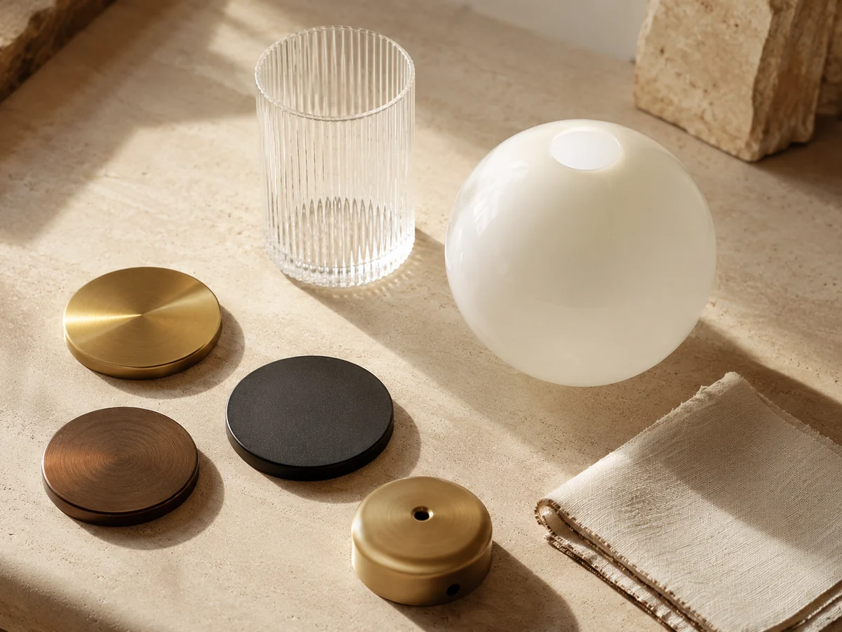 Custom lighting material samples with metal finishes, glass diffusers, and linen fabric.