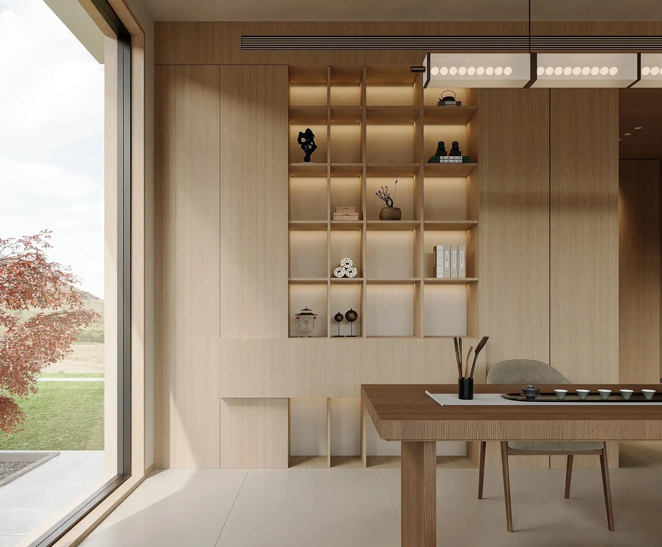 Built-in wood storage cabinet with open shelves and display lighting