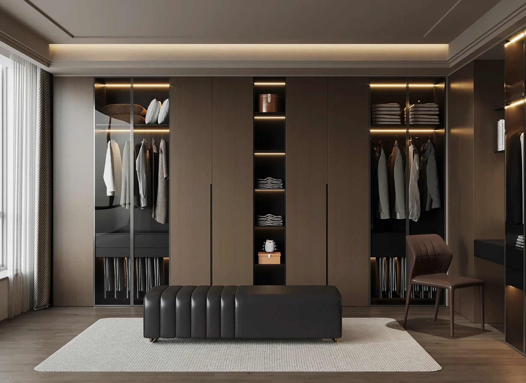 Floor-to-ceiling custom wardrobe with glass doors and integrated lighting