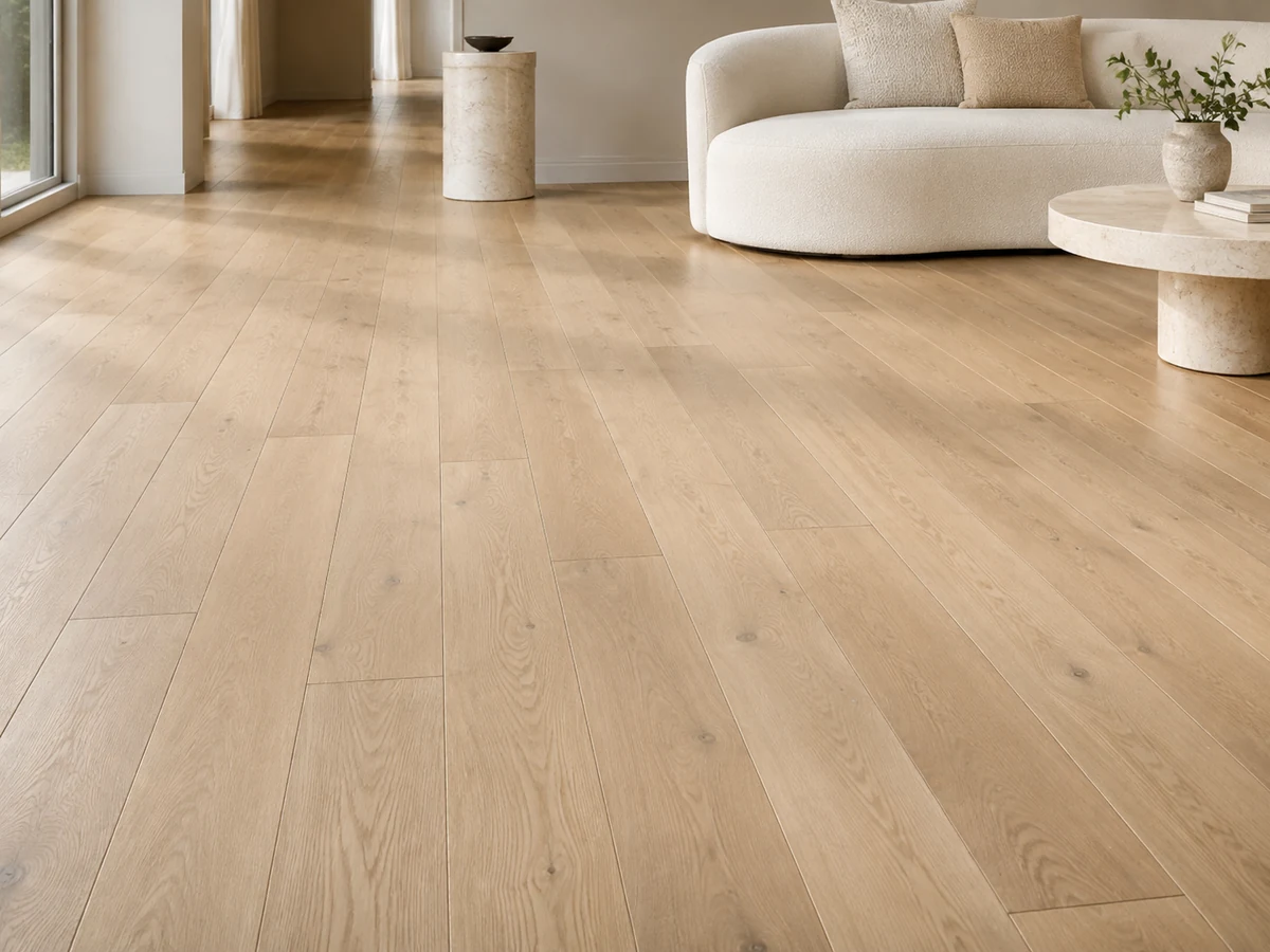 Engineered hardwood flooring concept with light oak planks in an airy living room.