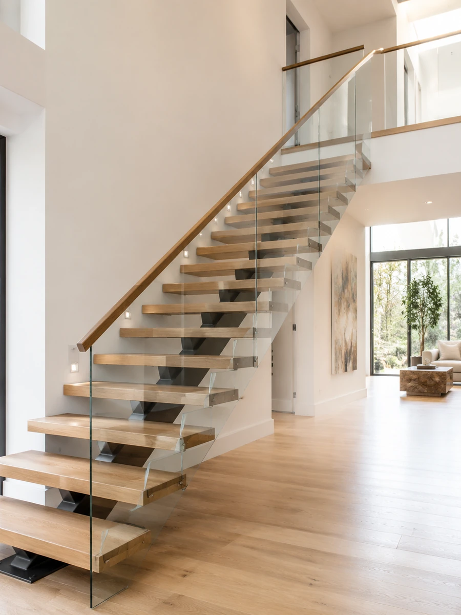 Floating staircase concept with oak treads, a steel support, and clear glass railings.