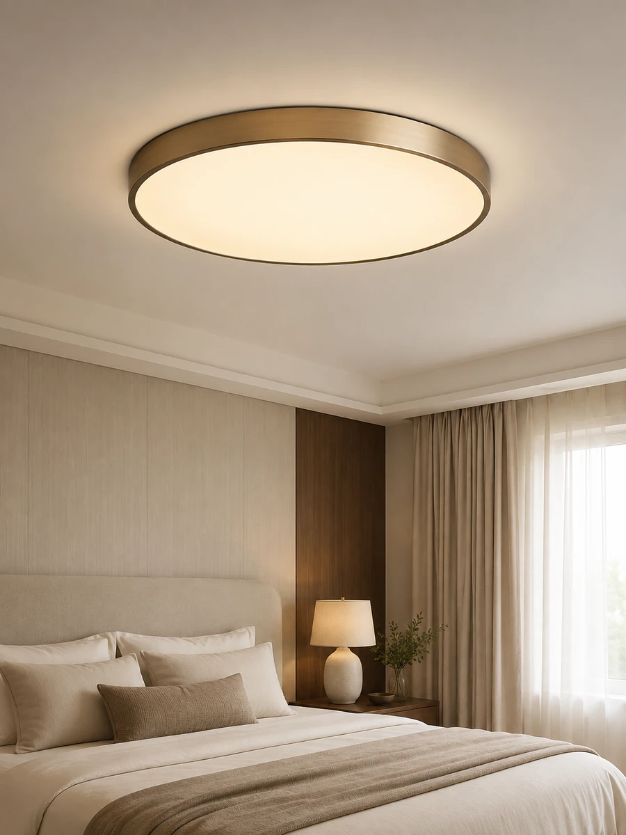 Round flush-mount ceiling light in a softly furnished neutral bedroom.