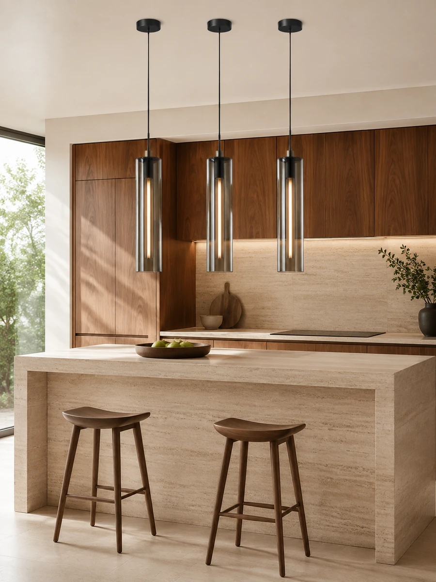 Glass pendant lights hanging above a stone kitchen island.
