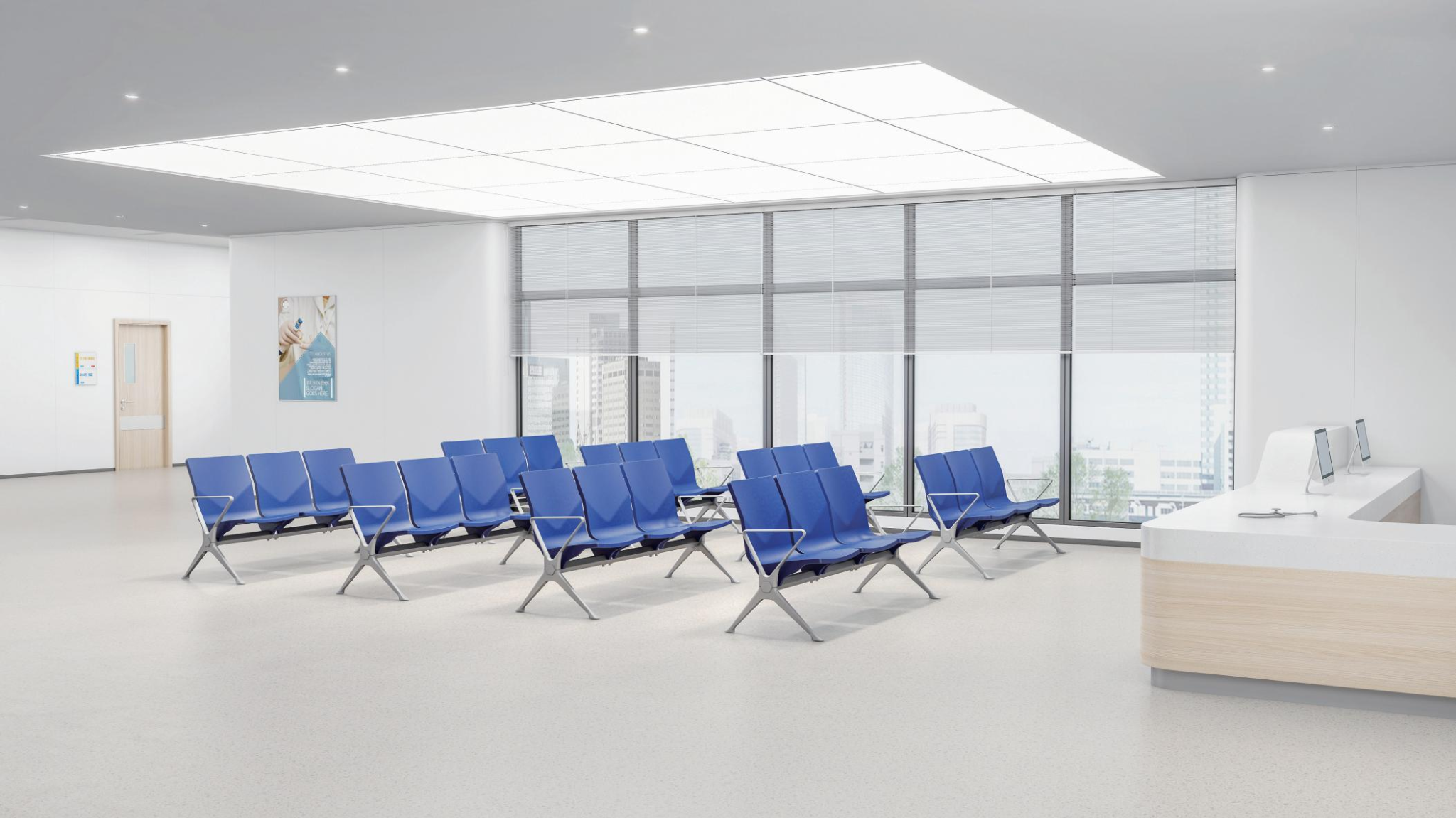 Healthcare waiting area with easy-clean seating and reception furniture