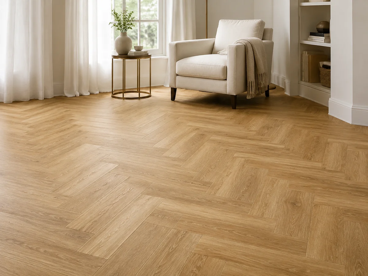 LVT flooring concept with a warm oak-look herringbone pattern in a bright reading nook.
