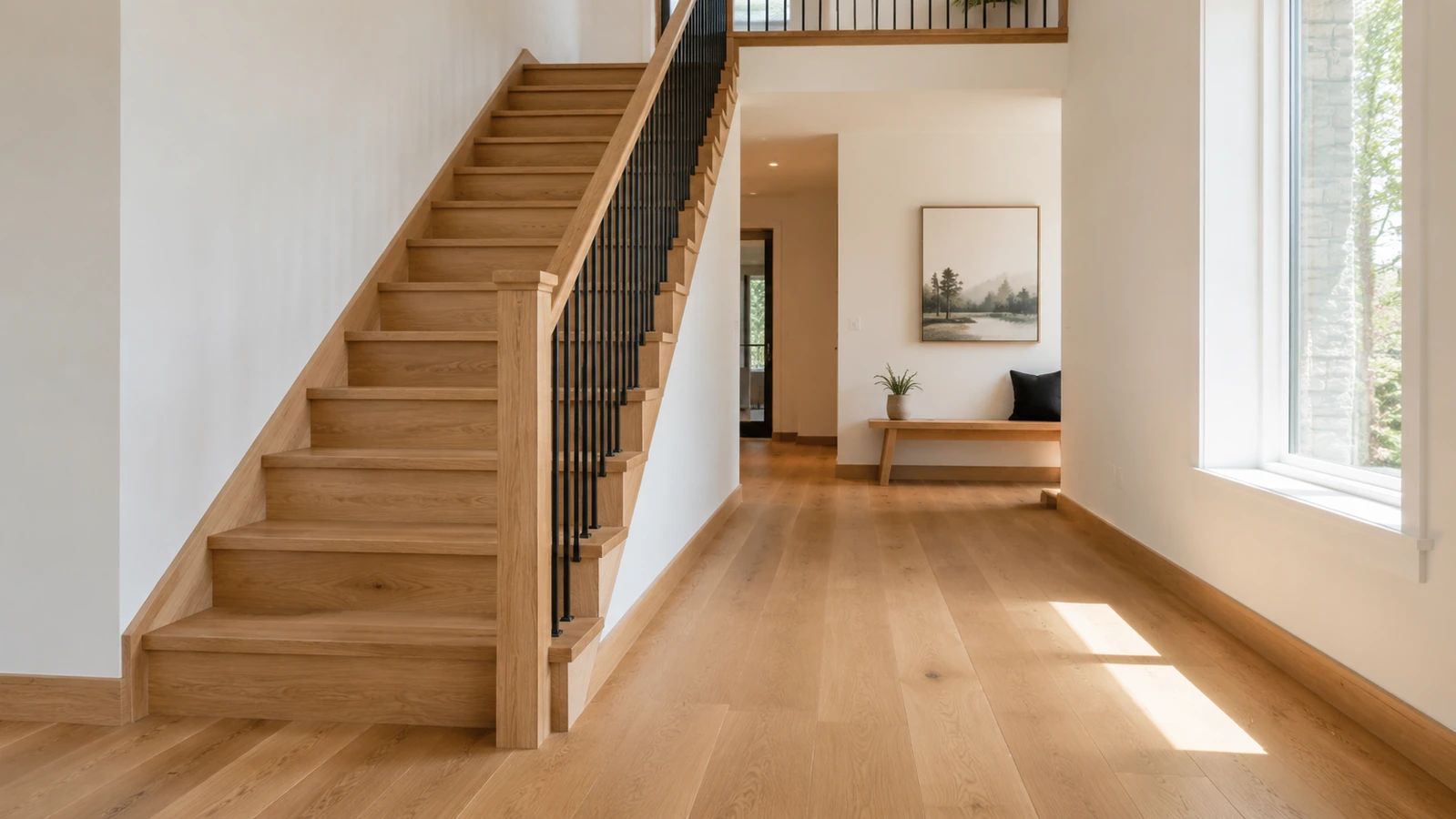 Matching flooring and staircase concept with natural oak tones, baseboards, and black railings.