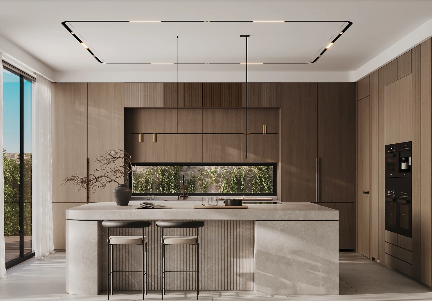 Modern wood kitchen cabinets with island and integrated appliances