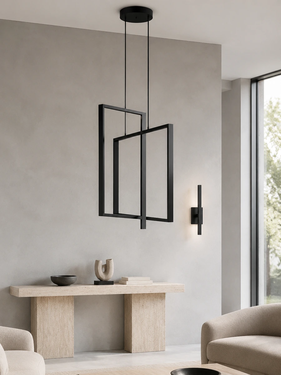 Modern lighting with a black geometric pendant and matching wall sconce above a travertine console.