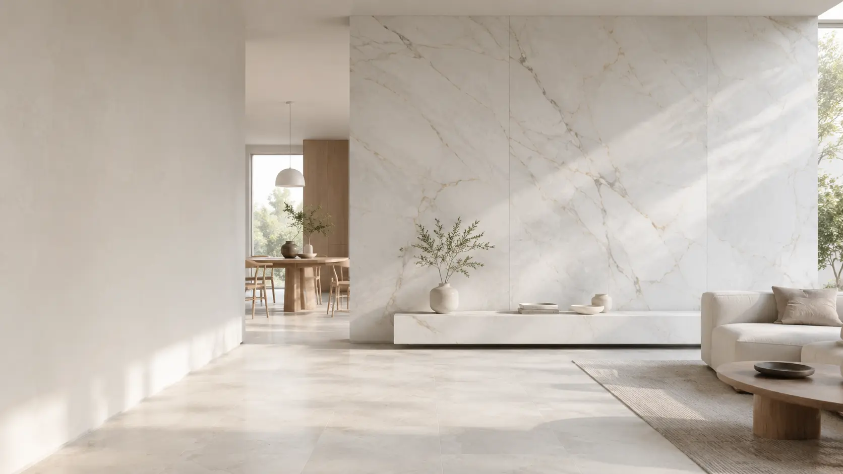 Natural stone feature wall and pale flooring in a bright living room with neutral furnishings.