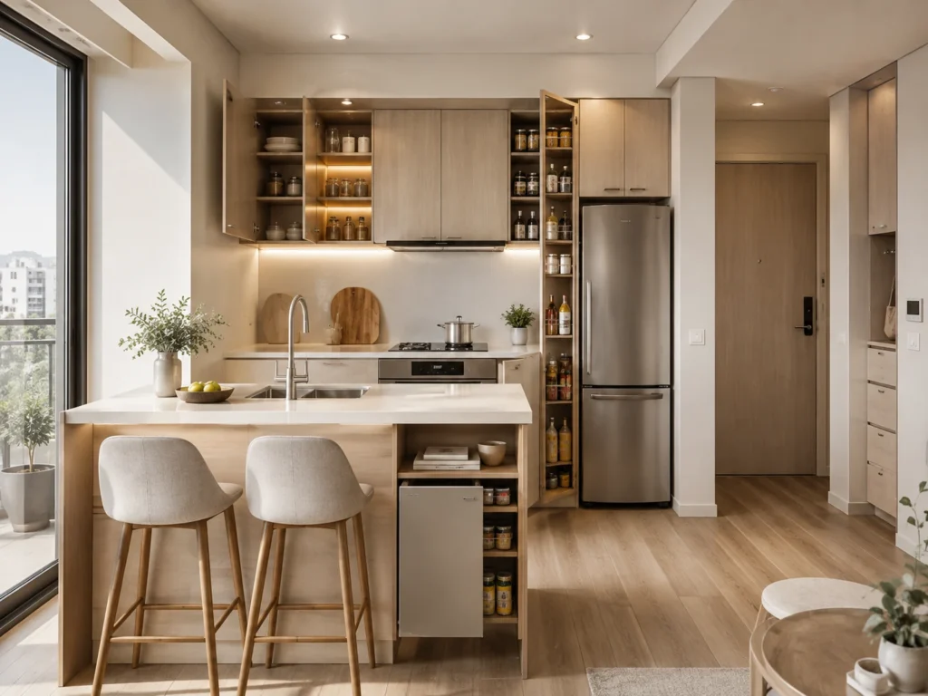 Custom apartment kitchen cabinets with space-saving storage