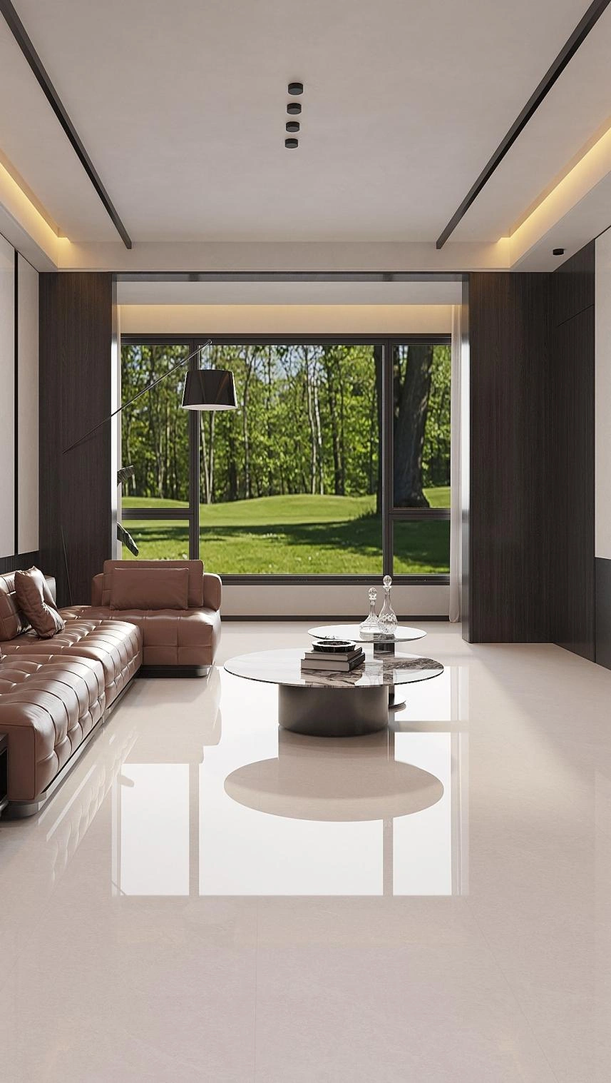 Polished light floor tiles in a modern living room with reflective surface