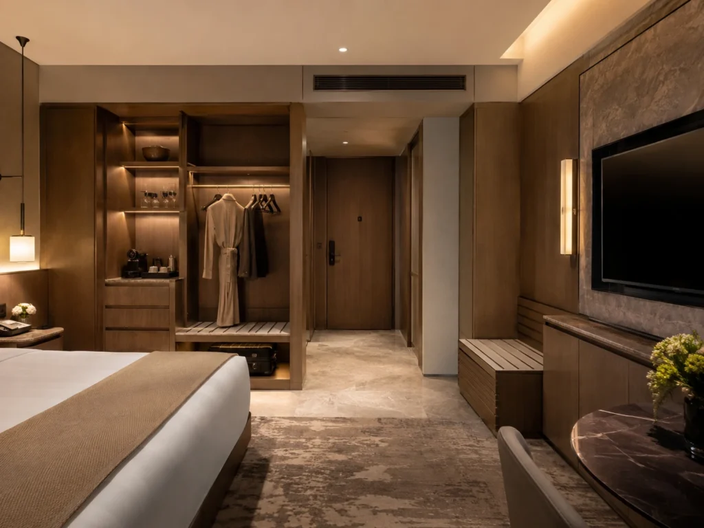 Custom hotel room cabinets with integrated wardrobe and storage