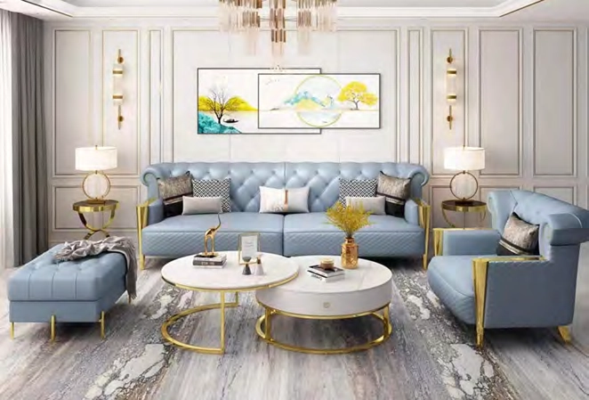 Luxury blue sofa set with gold metal details and marble-style coffee tables