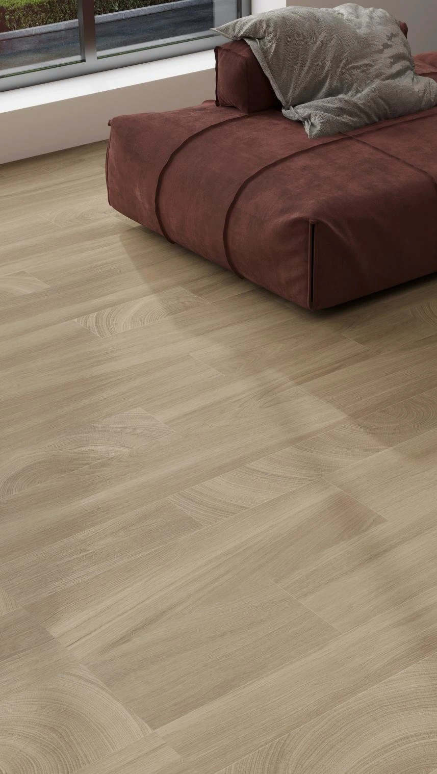 Light wood-look floor tiles installed in a modern living space