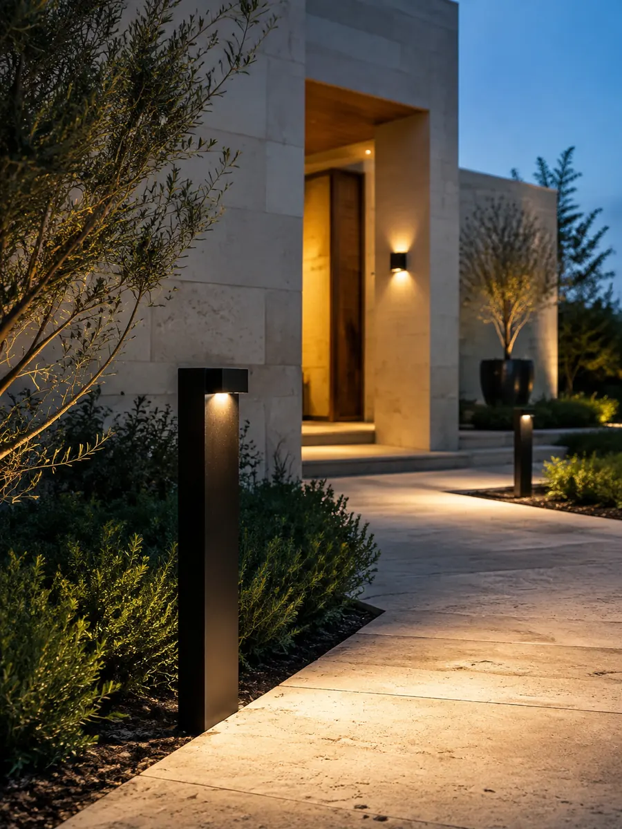 Outdoor lighting along a landscaped path beside a stone entrance.