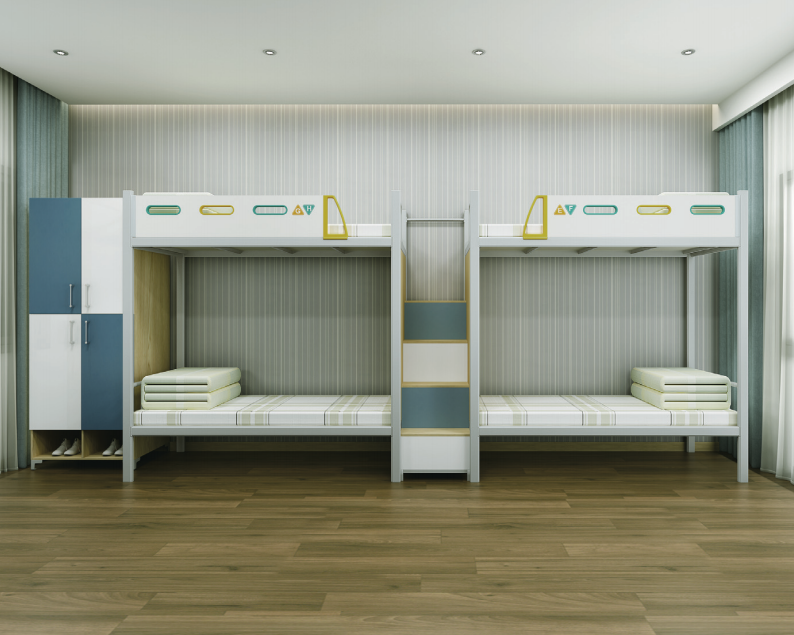 School dormitory with bunk beds and student storage furniture