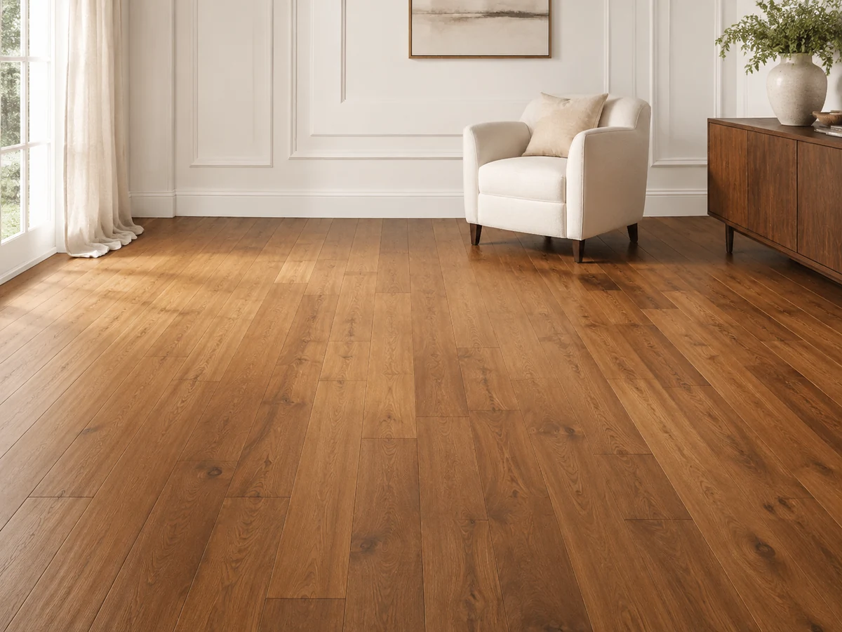 Solid hardwood flooring concept with warm oak tones in a bright sitting room.