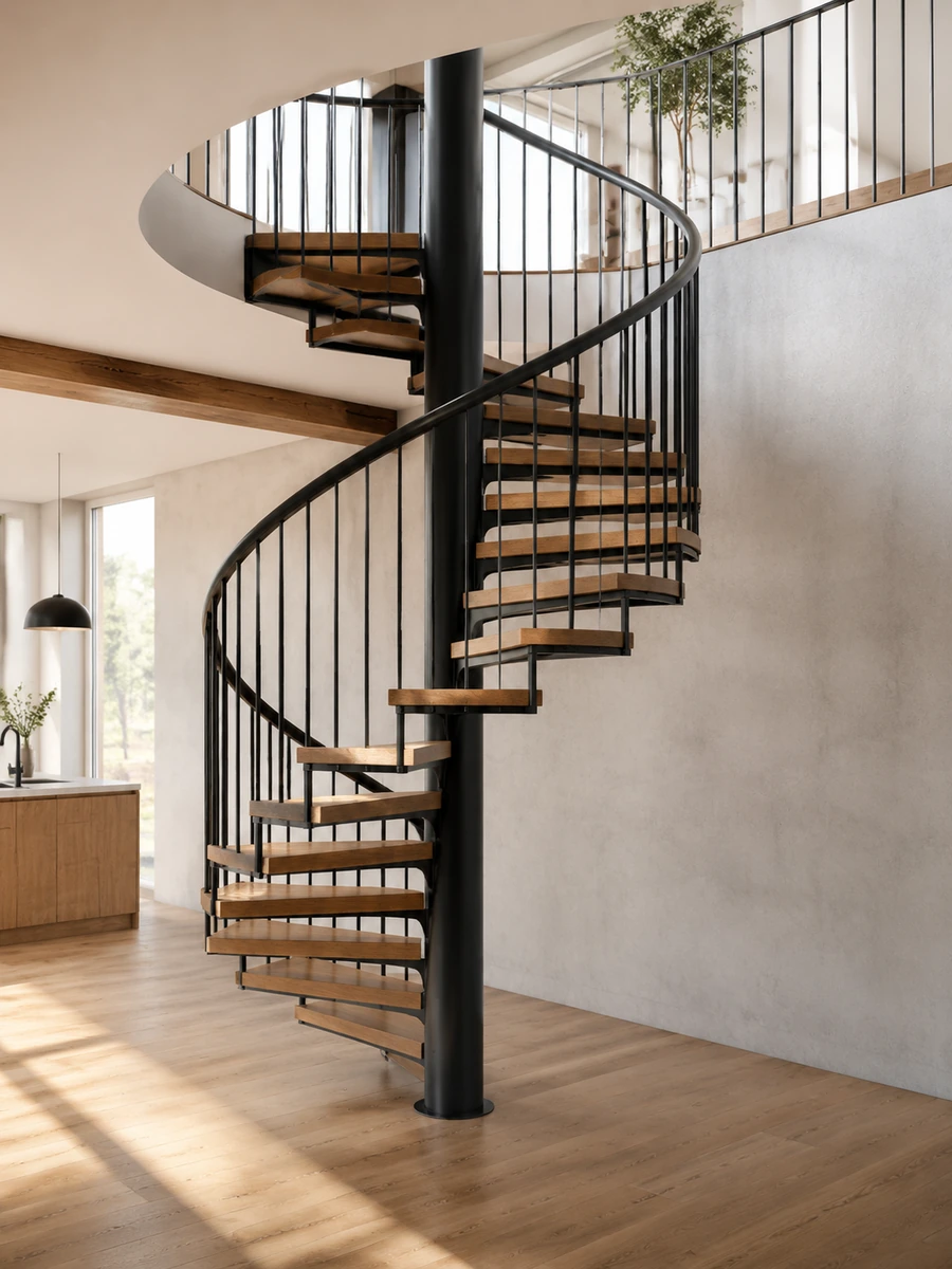 Spiral staircase concept with oak treads around a black central column and metal railings.