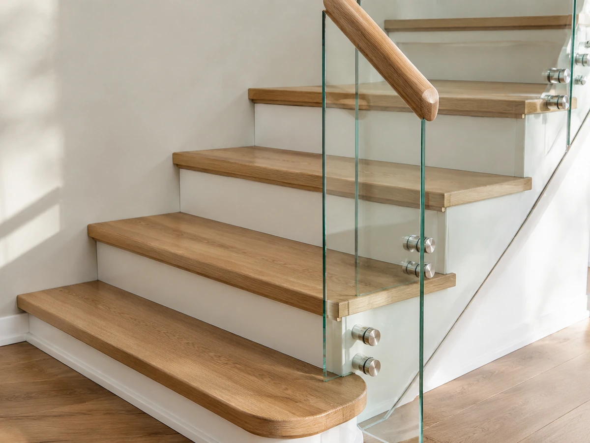 Stair railing concept showing an oak handrail, clear glass panels, and matching wood treads.