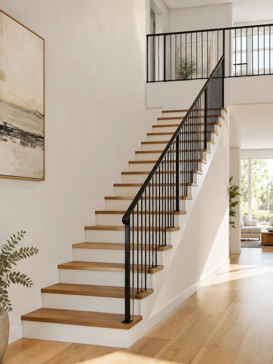 Straight staircase concept with oak treads, white risers, and slender black railings.