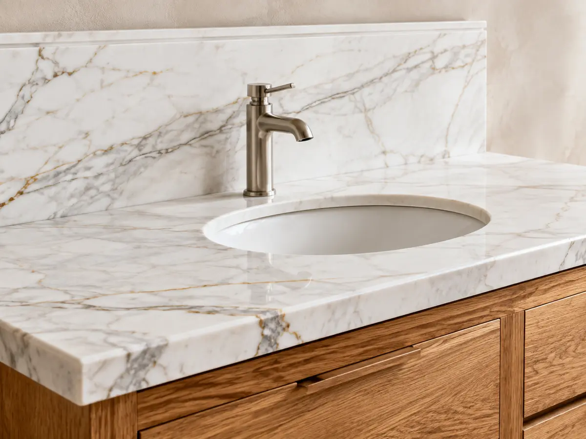 White marble vanity top with gray and gold veining, undermount basin, and oak cabinetry.